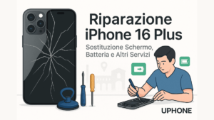 Riparazione iPhone 16 Plus con schermo rotto e batteria danneggiata | UPhone Bologna