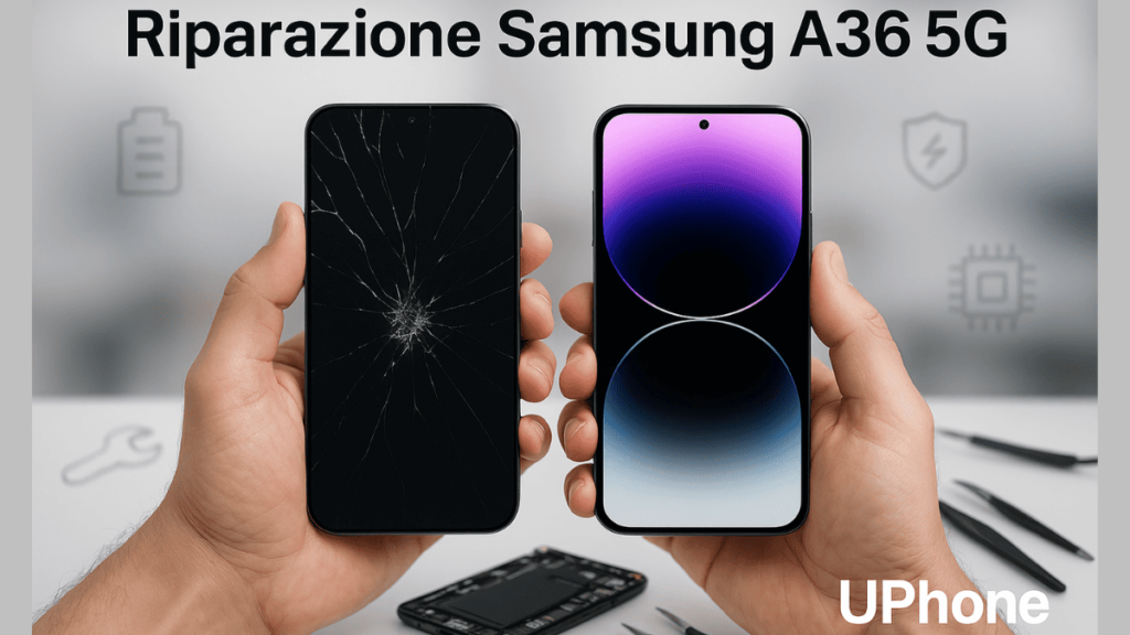 Tecnico mostra Samsung A36 5G rotto e riparato – UPhone Bologna