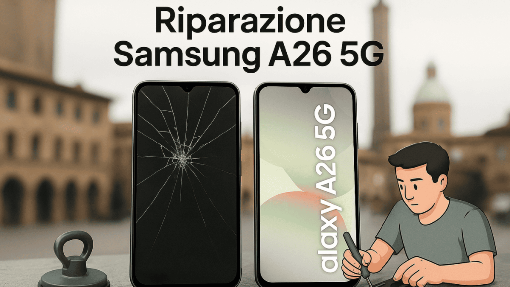 Riparazione Samsung A26 5G a Bologna – Vetro rotto, tecnico al lavoro, sfondo città