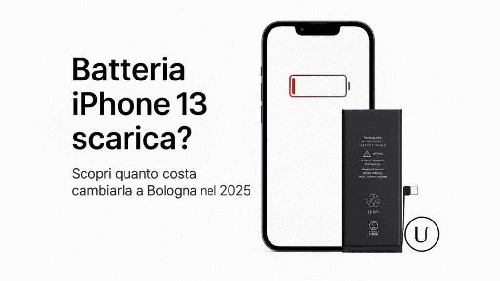 Batteria iPhone 13 scarica con livello rosso, accanto a batteria nuova per sostituzione a Bologna
