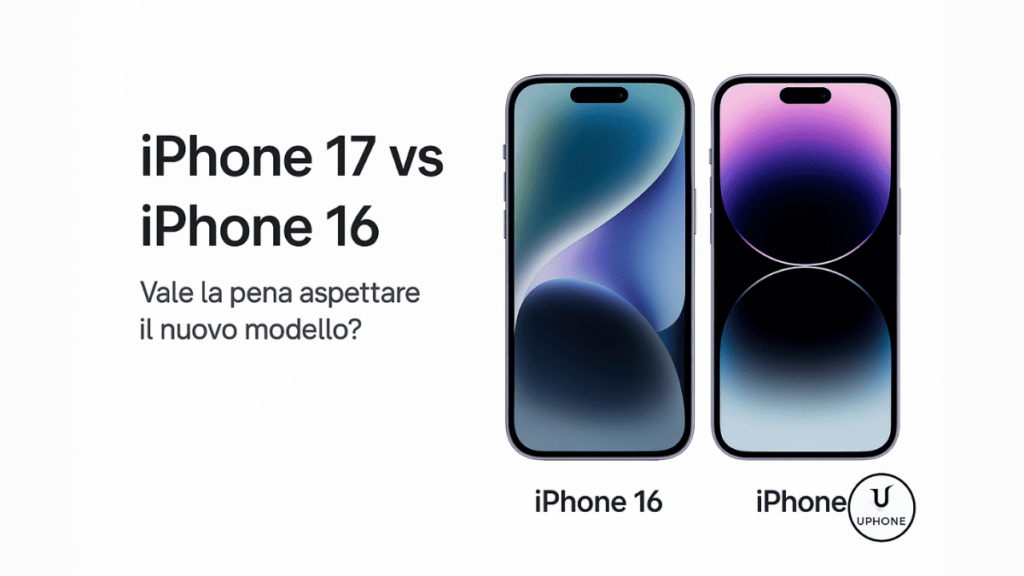 Confronto visivo tra iPhone 17 e iPhone 16: differenze di design, cornici e fotocamere – Immagine promozionale UPhone Bologna