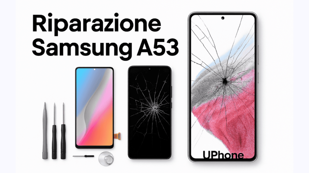 Samsung A53 5G con schermo rotto su sfondo bianco – Servizio riparazione UPhone Bologna