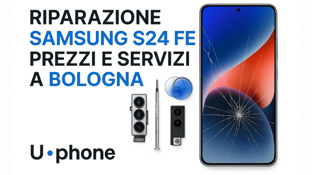 Immagine di un Samsung S24 FE con schermo rotto accanto a strumenti di riparazione su sfondo bianco con logo UPhone Bologna