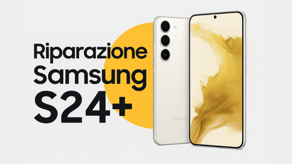Due Samsung Galaxy S24 Plus affiancati, uno con schermo danneggiato e uno funzionante, su sfondo bianco con grafica UPhone Bologna