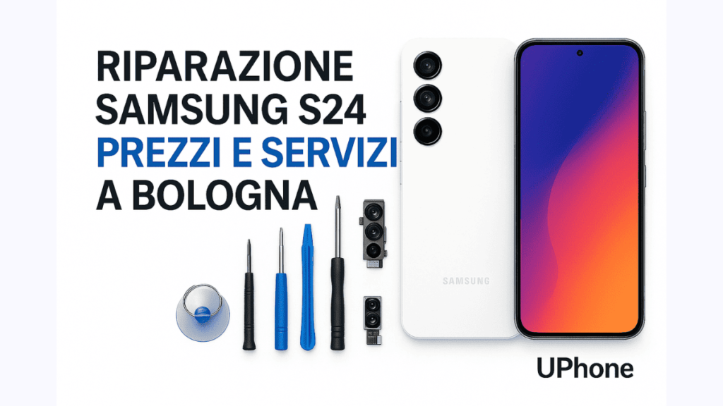 Immagine frontale di due Samsung Galaxy S24 (uno con schermo crepato e uno riparato) su sfondo bianco con logo UPhone Bologna
