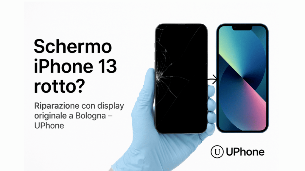 Tecnico UPhone mostra iPhone 13 con schermo rotto accanto a un iPhone riparato, Bologna