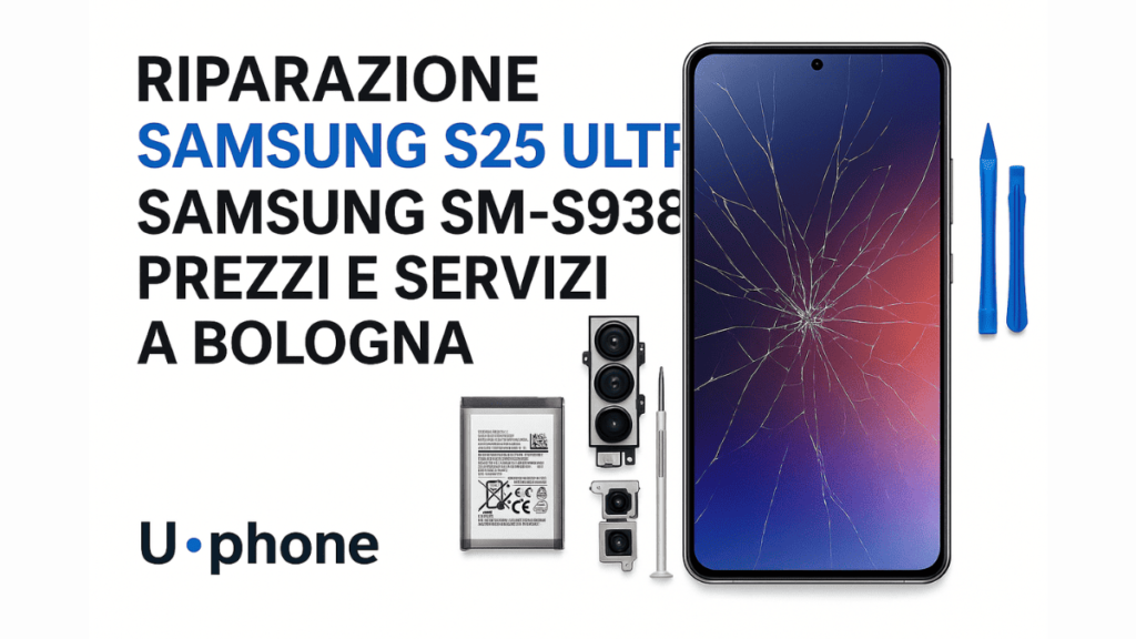Samsung S25 Ultra con schermo rotto affiancato da strumenti di riparazione su sfondo bianco e logo UPhone Bologna