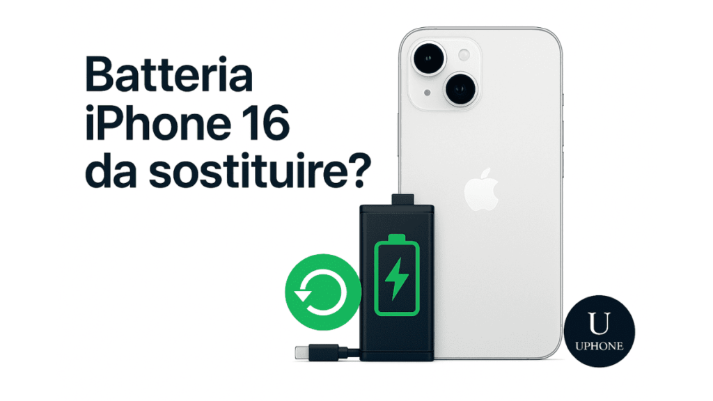 iPhone 16 visto da dietro con batteria evidenziata e simbolo di sostituzione. Sfondo bianco, stile pulito, logo UPhone in basso.