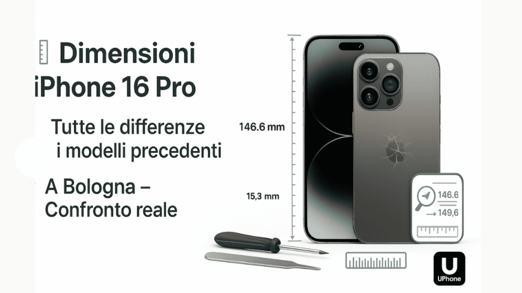 Confronto dimensioni iPhone 16 Pro e iPhone 15 Pro con misure reali su sfondo bianco