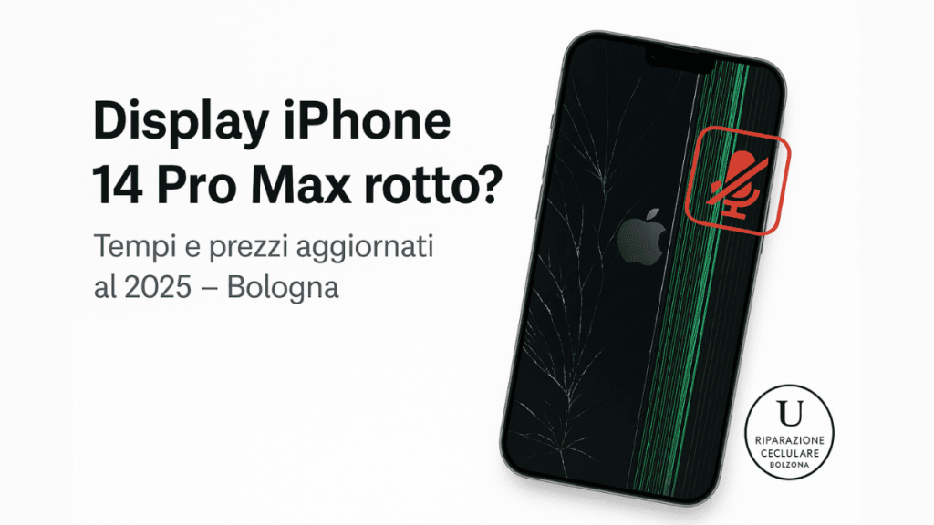 Display iPhone 14 Pro Max rotto con crepe visibili – riparazione a Bologna