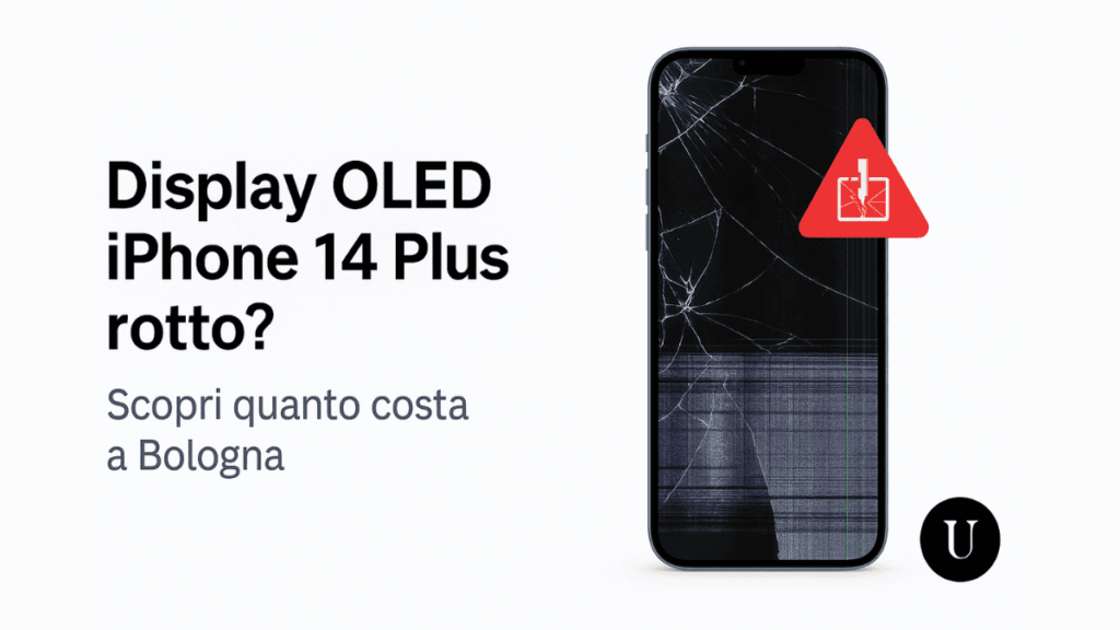 Display OLED rotto su iPhone 14 Plus con crepe e pixel danneggiati