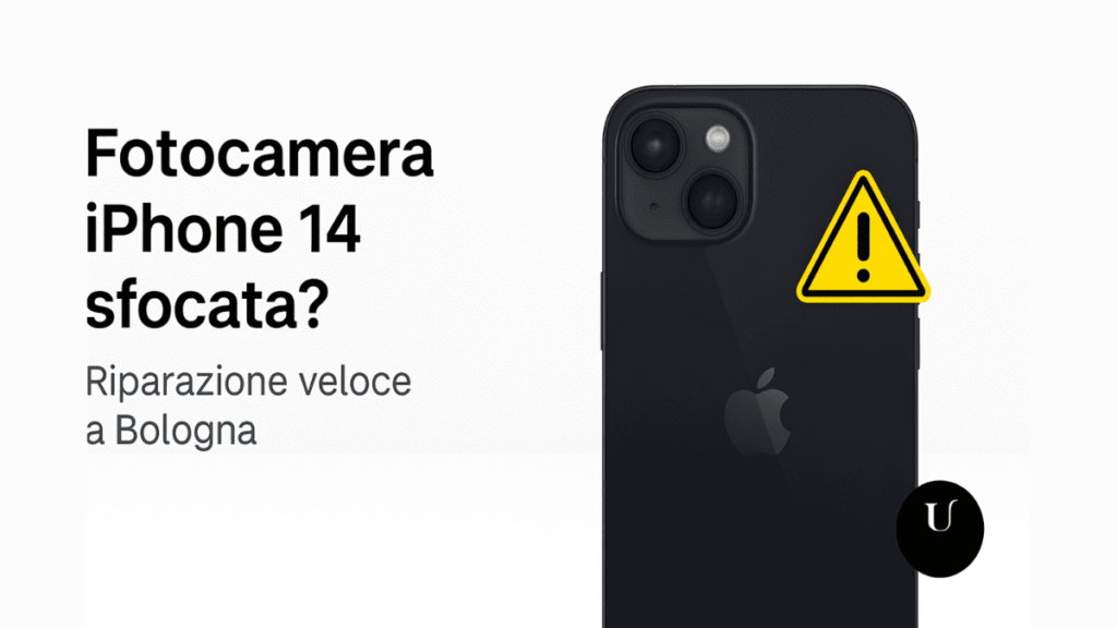 Fotocamera iPhone 14 sfocata con icona autofocus guasto e logo UPhone