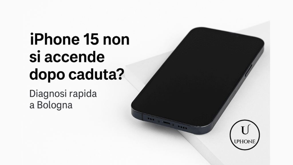 Mockup di un iPhone 15 con schermo spento e danni da caduta, accanto a testo promozionale sulla riparazione a Bologna.