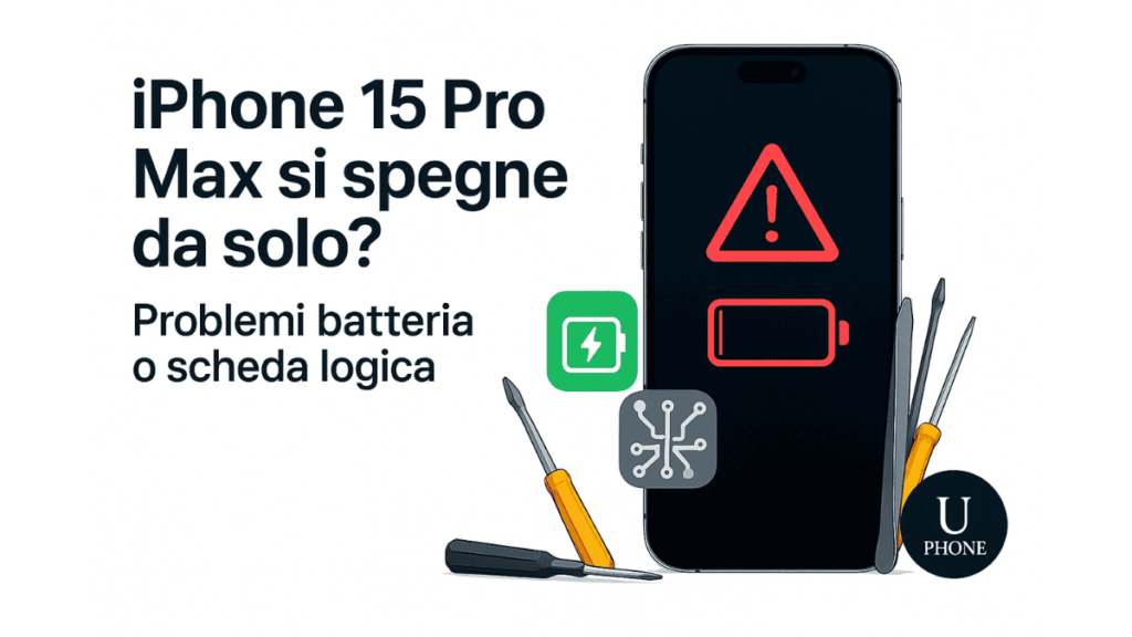 Illustrazione con iPhone 15 Pro Max spento e strumenti di riparazione. Indicazione di problemi alla batteria o alla scheda logica. Sfondo bianco con skyline di Bologna.