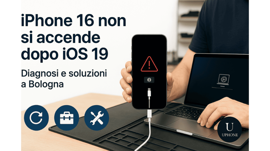 Tecnico collega iPhone 16 spento a MacBook in modalità ripristino dopo aggiornamento iOS 19. Diagnosi a Bologna da UPhone