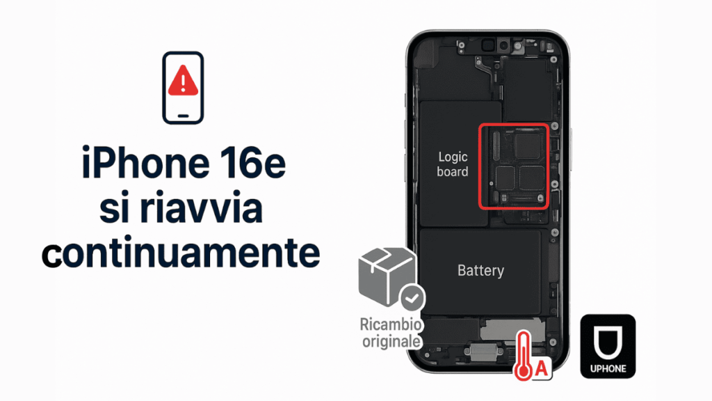 iPhone 16e che si riavvia da solo con ricambi batteria e scheda logica