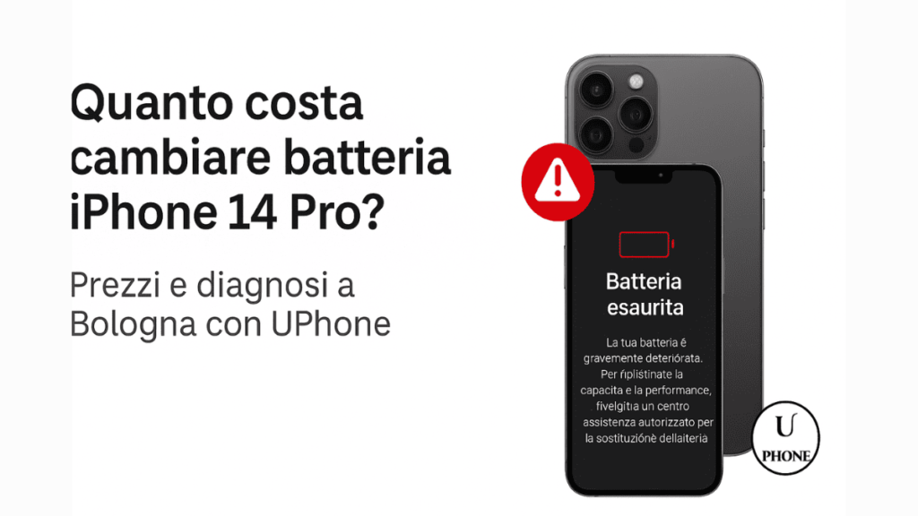 Avviso batteria esaurita su iPhone 14 Pro con testo informativo e logo UPhone
