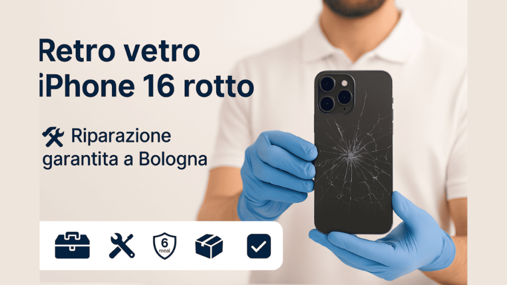 Retro vetro iPhone 16 rotto in riparazione presso UPhone Bologna