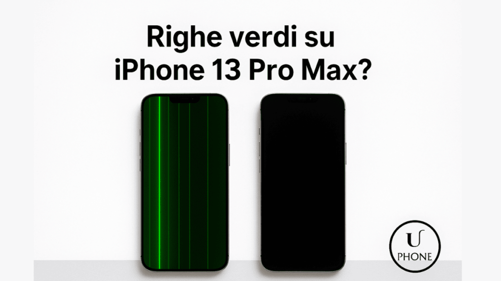 Righe verdi su iPhone 13 Pro Max con confronto tra display rotto e schermo riparato