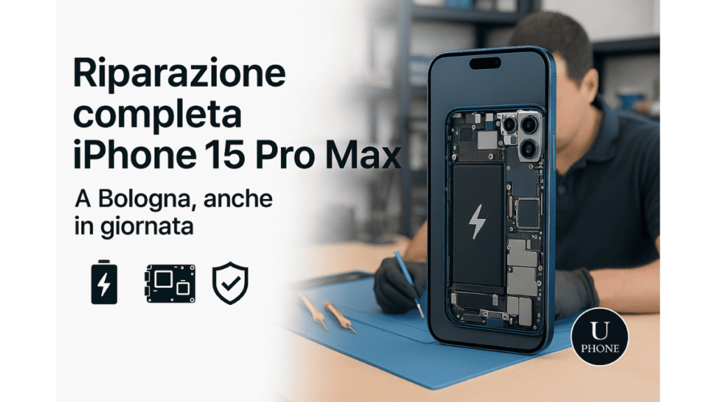 Riparazione completa iPhone 15 Pro Max a Bologna con tecnico al lavoro e componenti interni visibili. Servizio rapido con garanzia.