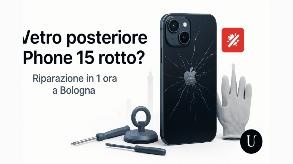 iPhone 15 con vetro posteriore rotto pronto per la riparazione a Bologna presso UPhone