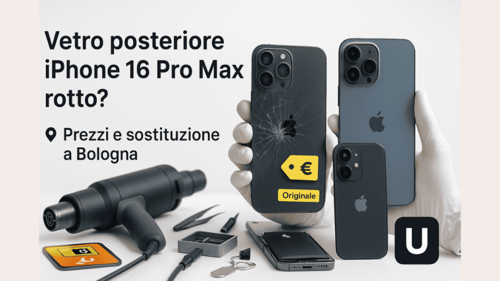 iPhone 16 Pro Max con vetro posteriore rotto durante la sostituzione in laboratorio a Bologna