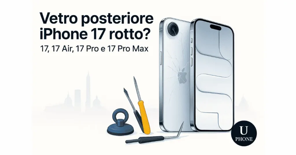 Vetro posteriore iPhone 17 rotto accanto a uno riparato, con strumenti da riparazione e logo UPhone, servizio veloce a Bologna.