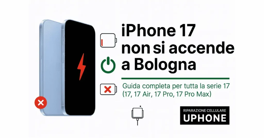 iPhone 17 non si accende a Bologna – grafica Riparazione Cellulare Bologna UPhone con icone batteria scarica e simbolo power.
