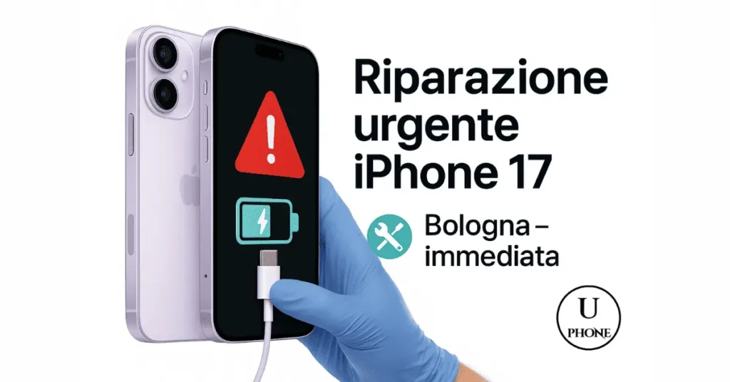 Riparazione urgente iPhone 17 a Bologna con diagnosi immediata e controllo batteria e connettore di ricarica UPhone.