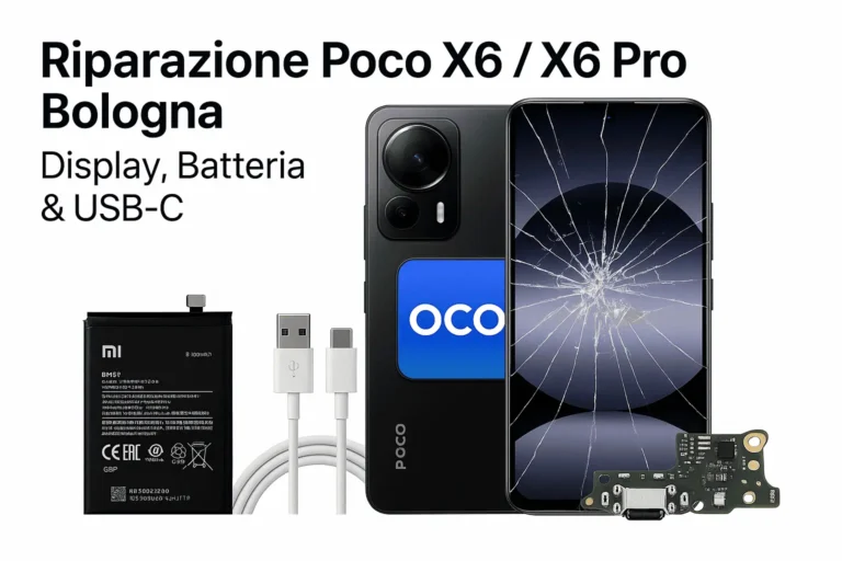 Riparazione Poco X6 e X6 Pro a Bologna con display rotto, batteria originale Xiaomi e porta USB-C danneggiata presso UPhone.