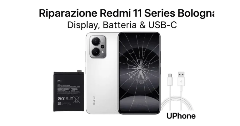 Riparazione Redmi 11 Series a Bologna con display rotto, batteria originale Xiaomi e porta USB-C danneggiata, servizio UPhone.