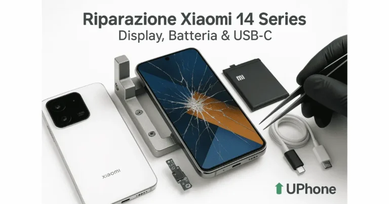 Riparazione Xiaomi 14 Series a Bologna con sostituzione display rotto, batteria originale Xiaomi e porta USB-C da UPhone.