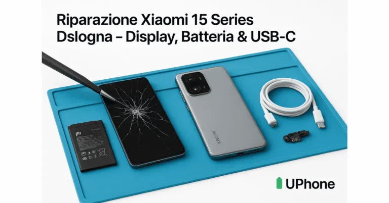 Riparazione Xiaomi 15 Series a Bologna con display rotto, batteria originale e porta USB-C mostrati su tappetino tecnico UPhone.