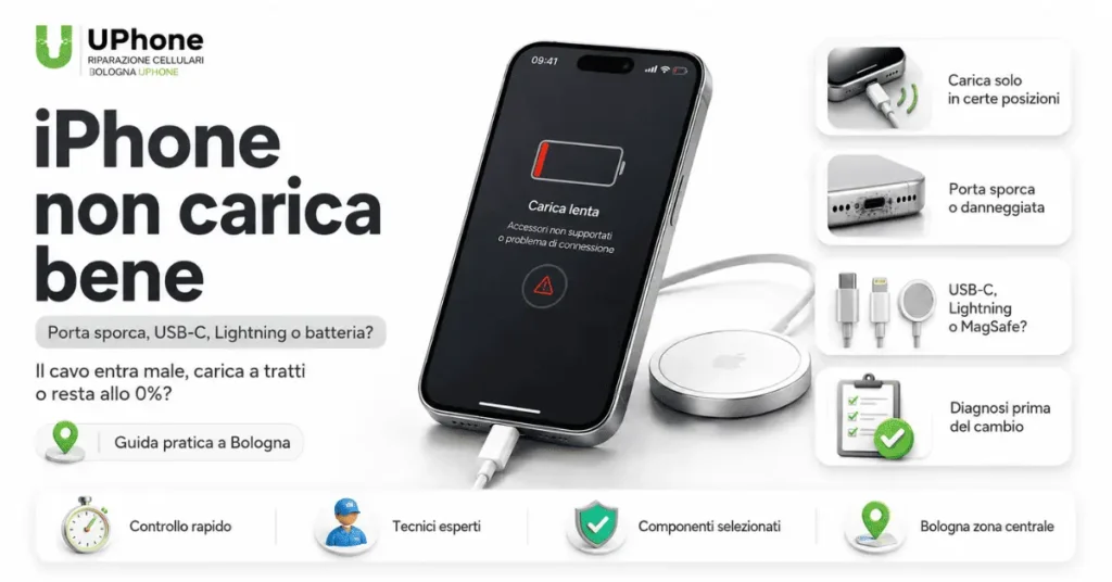 iPhone non carica bene con cavo, MagSafe e porta di ricarica da controllare presso Riparazione Cellulari Bologna Uphone