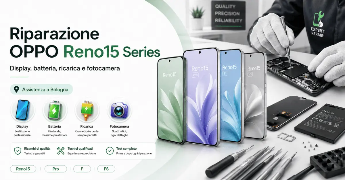 Riparazione OPPO Reno15 Series a Bologna per display, batteria, ricarica e fotocamera