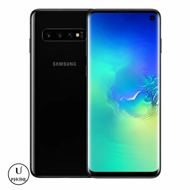 Samsung Galaxy S10 Nero, vista anteriore e posteriore su sfondo bianco