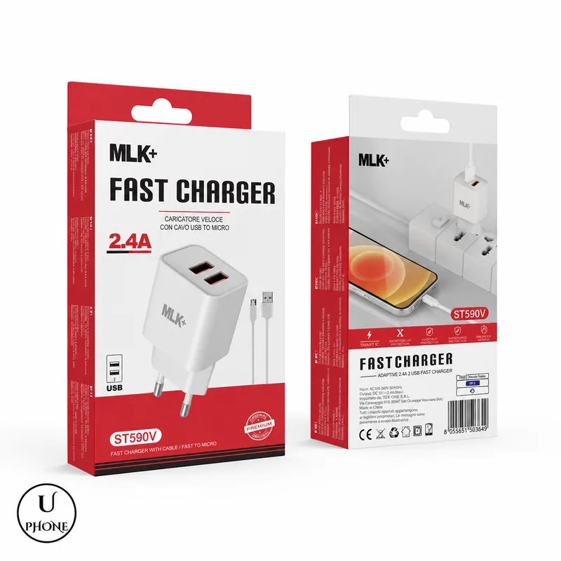 Caricatore Doppia USB MLK+ CHST590V Bianco – Confezione fronte e retro – UPhone Bologna
