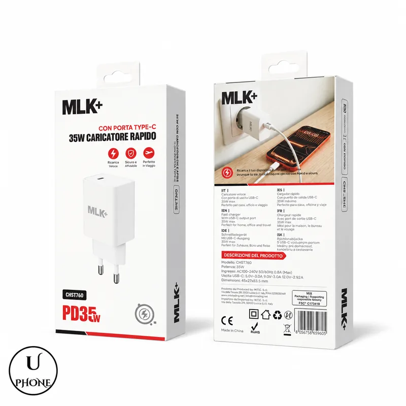 Confezione fronte e retro MLK+ CHST760 caricatore USB-C 35W Bianco – UPhone Bologna