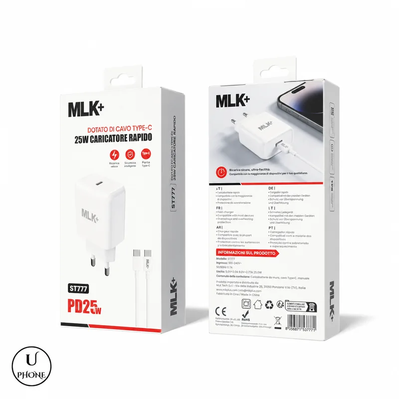 Caricatore USB-C PD PPS 25W MLK+ CHST777 Bianco – Confezione fronte e retro – UPhone Bologna