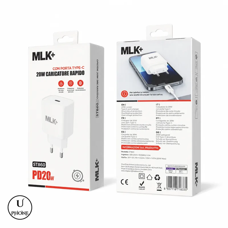 Caricatore USB-C PD 20W MLK+ CHST860 Bianco – Confezione fronte e retro – UPhone Bologna
