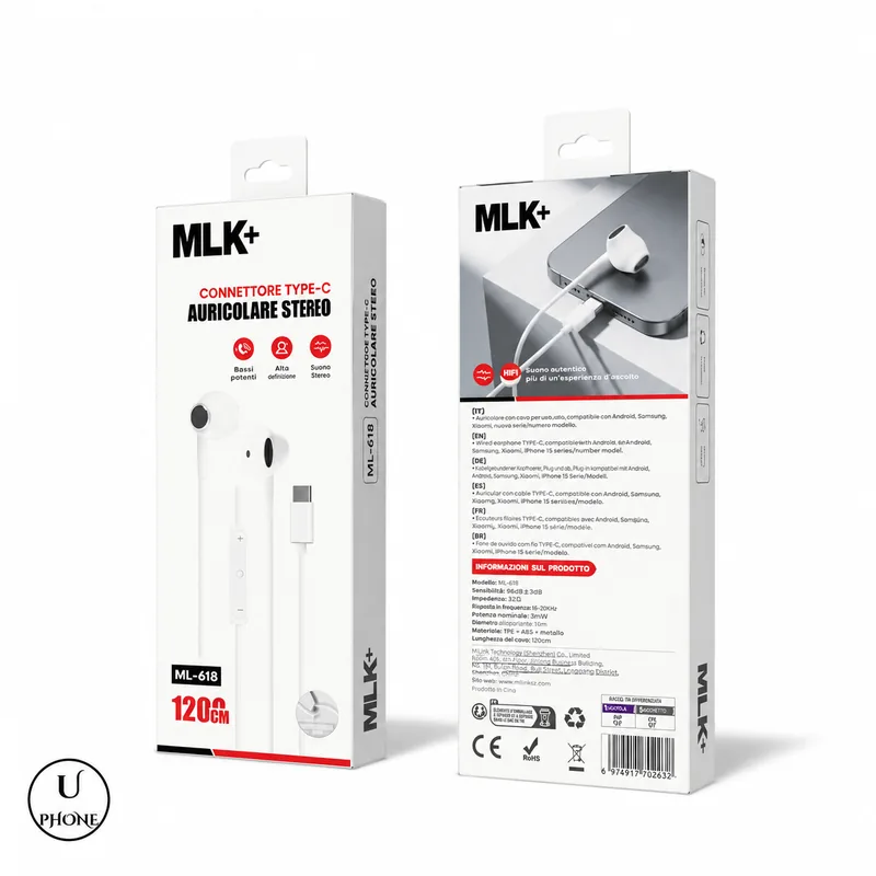 Auricolari USB-C MLK+ EPML618 Bianco – Confezione – UPhone Bologna