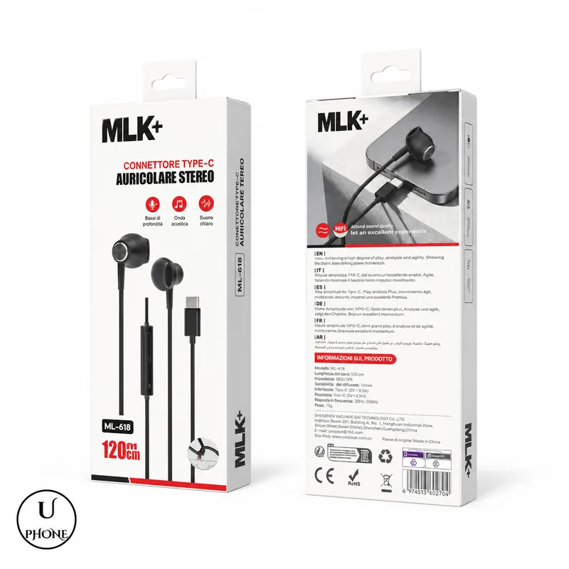 Auricolari USB-C MLK+ EPML618 Nero – Confezione – UPhone Bologna