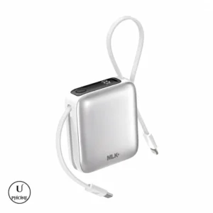 Power bank MLK+ LX17 10000mAh Argento – Vista frontale e cavi integrati – UPhone Bologna