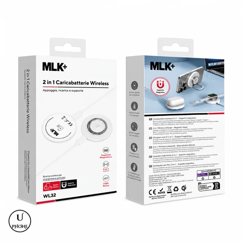Caricatore wireless MLK+ WL32 Bianco – Confezione fronte e retro – UPhone Bologna