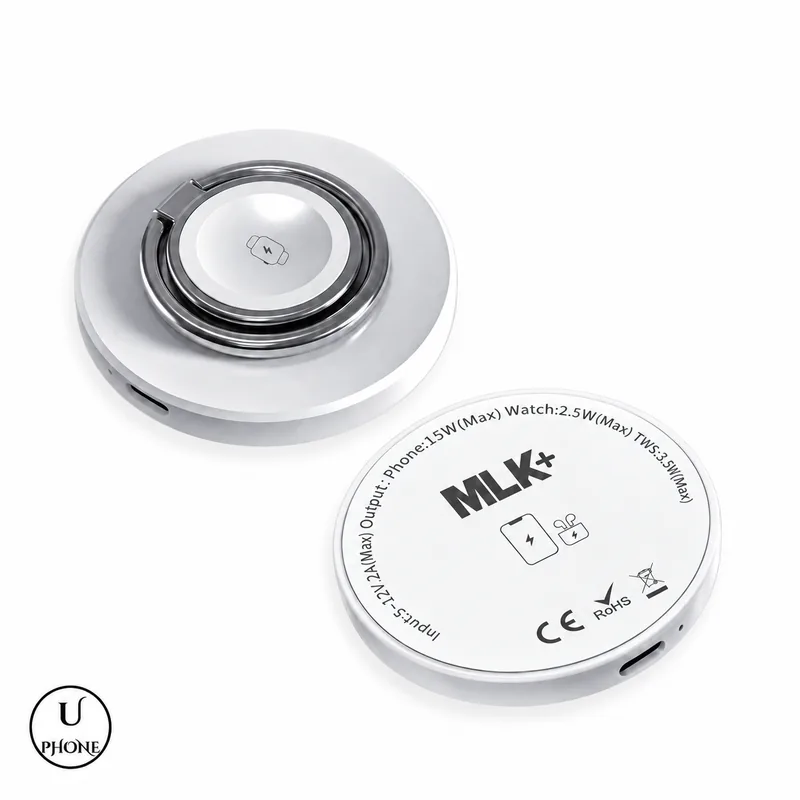 Caricatore wireless MLK+ WL32 Bianco – Vista frontale e posteriore – UPhone Bologna