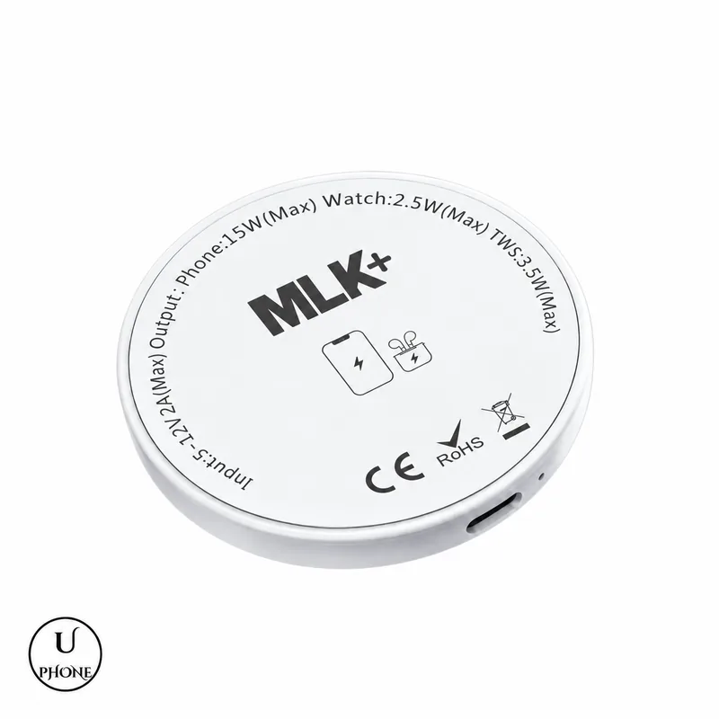 Caricatore wireless MLK+ WL32 Bianco – Dettaglio del retro e ingresso USB-C – UPhone Bologna