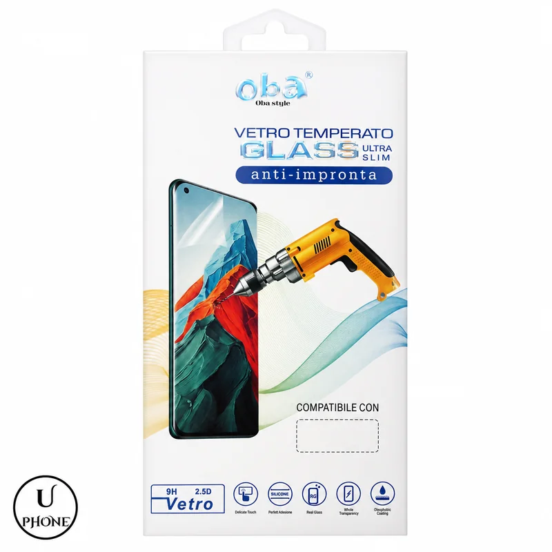 Confezione del vetro temperato 2.5D con logo UPhone Bologna